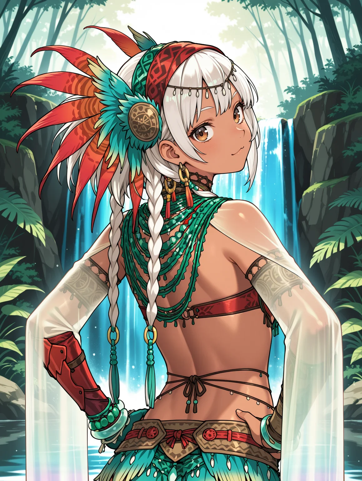 uth duna female armor,1girl,orange feather headdress,green loincloth,orange halterneck,orange asymmetrical gloves,see-through long sleeves,tribal earrings,waterfall,upper body,:3,white hair,brown eyes,solo,nature,looking at viewer,hands on own hips,head tilt,looking back,from behind, twin braids,
masterpiece,best quality,amazing quality,very aesthetic,absurdres,newest,<lora:Uth Duna Armor illuXL v1.4:0.77>,<lora:wai-2Rectified-V140:0.7>,