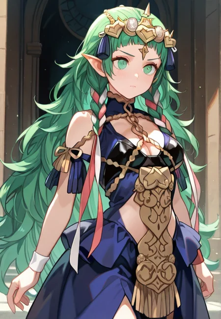 masterpiece, best quality, amazing quality, very aesthetic, absurdres,  newest, detailed background, cowboy shot,
sothis, cosplay, 1girl, solo, ribbon braid, green hair, green eyes, braid, twin braids, tiara, hair ornament, long hair, dress, ribbon, hair ribbon, closed mouth, medium breasts, side braid,
 <lora:Sothis_-_Fire_Emblem_Three_Houses:1>, masterpiece, best quality, amazing quality, very aesthetic, absurdres,  newest,