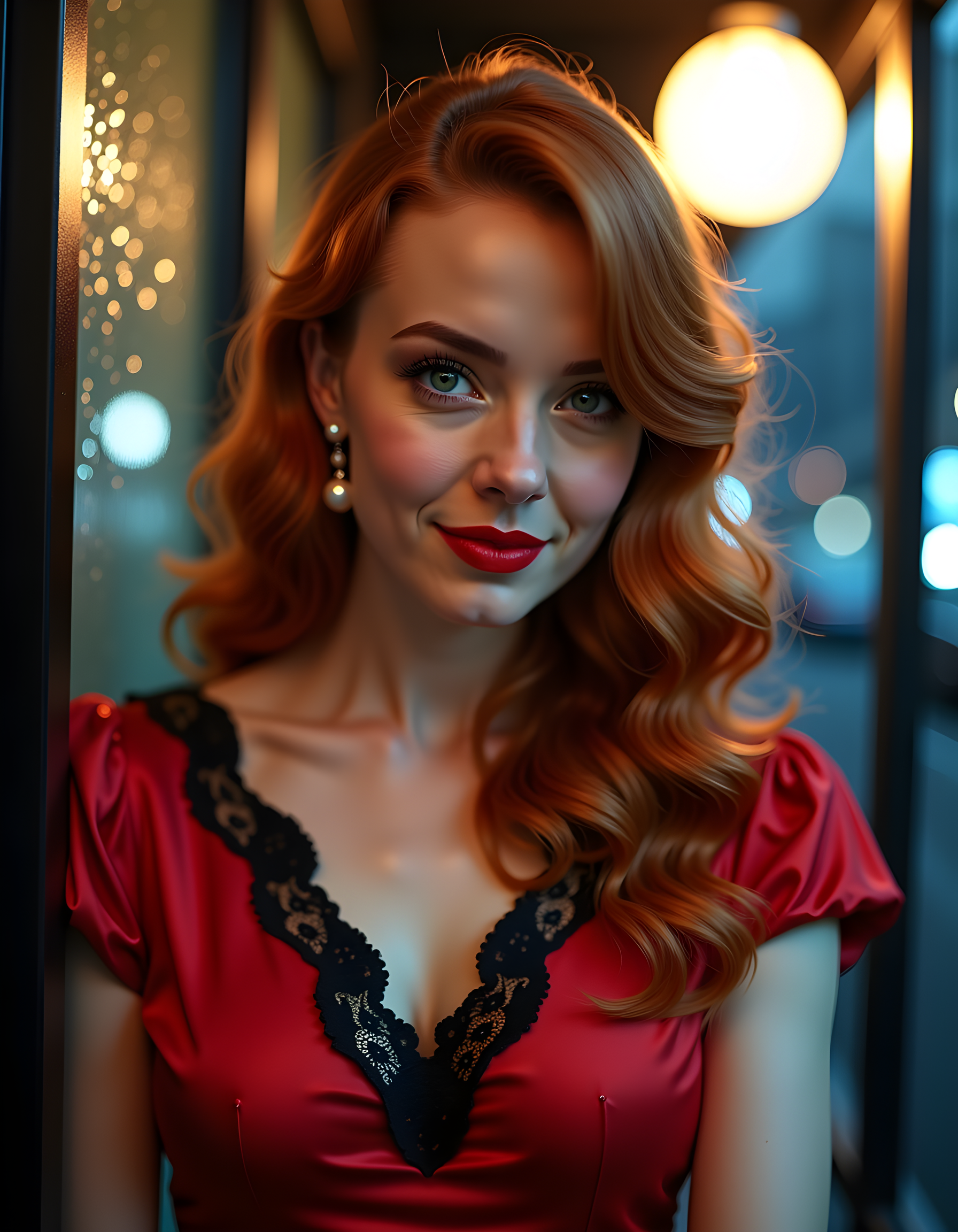 In a hauntingly beautiful, noir-inspired scene, C1ND1E, a captivating woman with vibrant green eyes and a striking smile, adorned in a vintage 1940s-style red satin dress with black lace accents, her fiery red hair cascading down her back, stands center stage under the soft glow of a single spotlight. Her delicate pearl earrings catch the light as she gazes directly at the viewer, her crimson lips parted ever so slightly, creating an enchanting allure. The background is a dark and moody cityscape with raindrops trickling down the window pane, adding to the mystique of this mesmerizing portrait, captured from a low-angle shot that emphasizes her strength and grace.