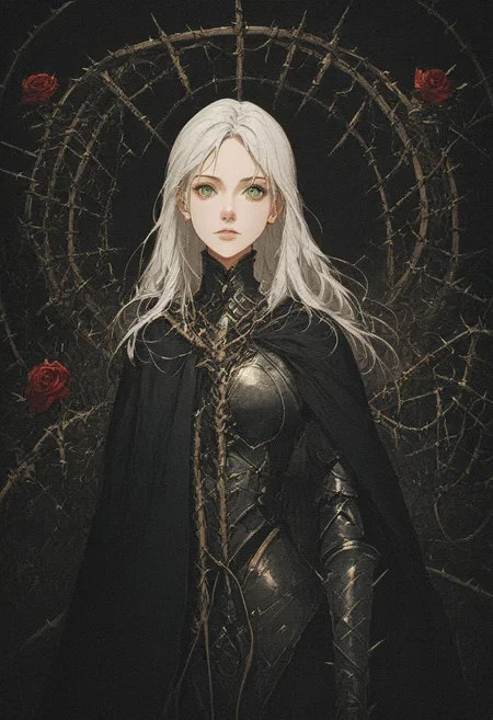 score_9, score_8_up, score_7_up, 
female, long white hair, beautiful face, green eyes,
(dark knight), bulky, heavy, medieval, dark theme, armor, golden sword, golden trim, black cape, 
close up, full body, (red roses background: 0.7), thorns, sideways,
easynegative, xenotr1p,