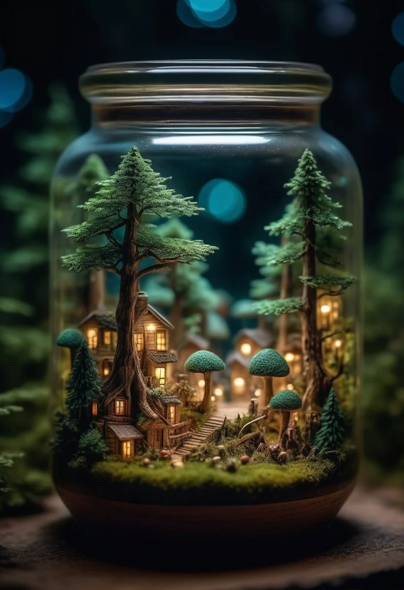 small wood forest world, inside a beautiful jar, illuminated miniature forest, depth of field, hyperdetailed photography, shot at night, 8K, award winning photo, amazing wallpaper, OverallDetailXL