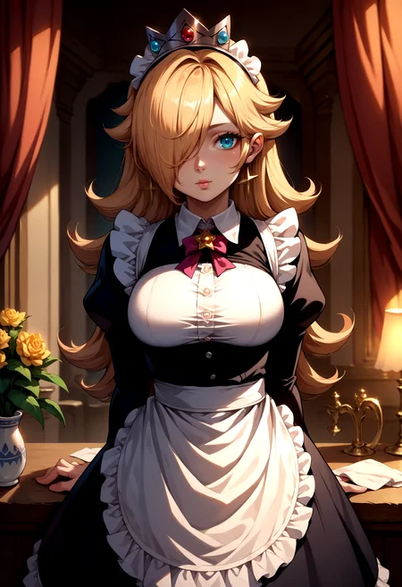score_9, score_8_up, score_7_up, source_anime, 1girl, IncrsRsln, hair over one eye, crown, <lora:Rosalina_XLPD:1>, maid, maid headdress, maid apron
