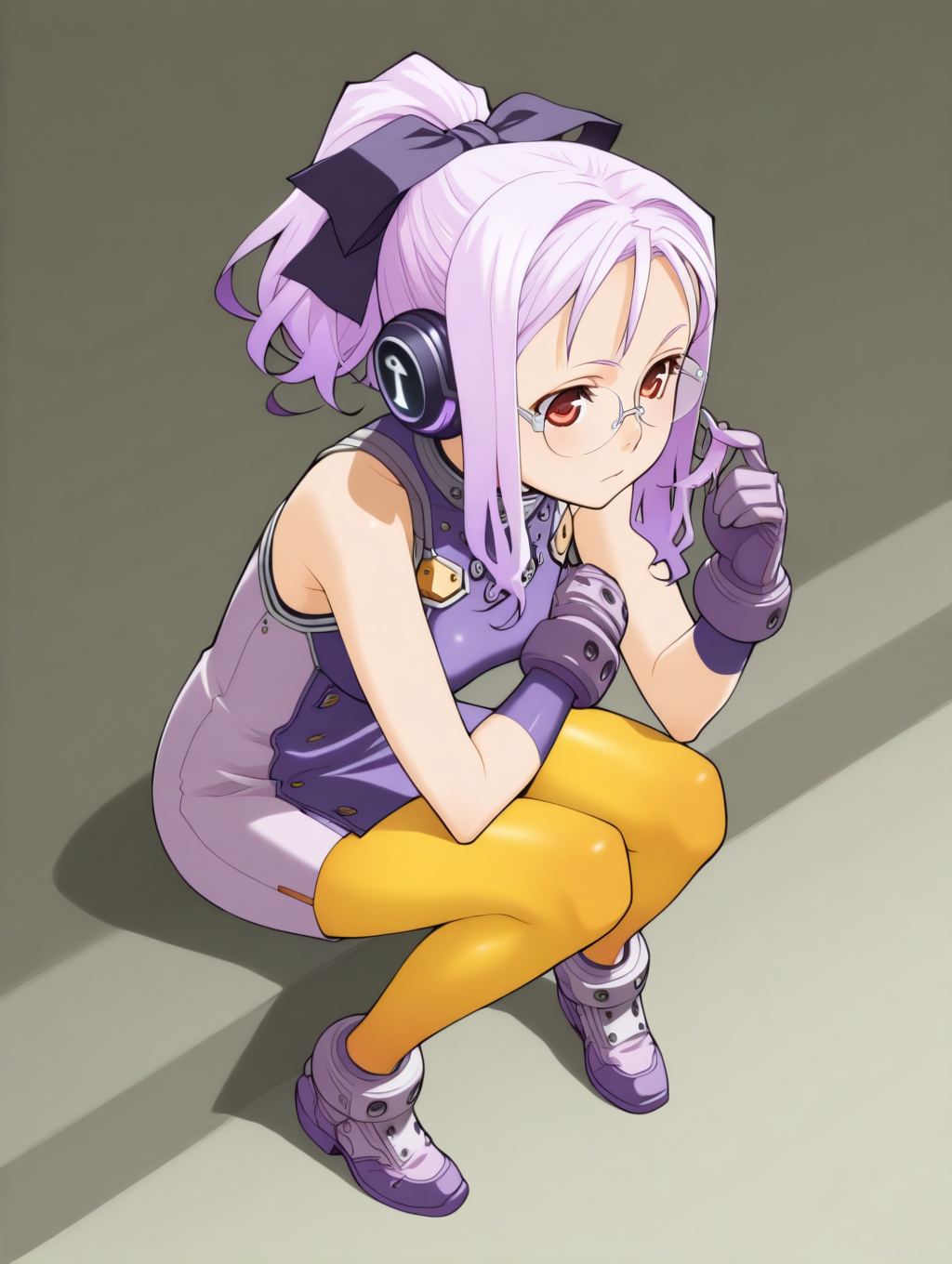 perfect quality,best quality,absolutely eye-catching,ambient occlusion,raytracing BREAK
1girl,<lora:SO4weruti IL v1.1:1>,SO4weruti,purple hair,ponytail,headphones,ribbon,glasses,red eyes,purple dress,sleeveless,gloves,yellow pantyhose,shoes,solo,, from above, looking away,medium_shot,the_pose,hair_twirling,arm_around_waist,sitting_backwards,