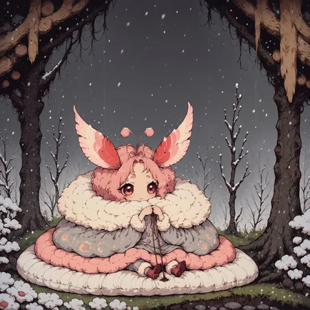 score_9, score_8_up, score_7_up, source_anime, 1girl, (ultra HD quality details), anime, slightly chibi, cute moth girl, arthropod, red antenna, rust colored moth wings, warm grey clothing with intricate moth pattern, sitting,holding knitting needles, knitting a white blanket, piles of yarn. inside treehouse, cozy lighting, looking outside, falling snow, snowstorm
(detailed image, high resolution, 5k resolution:1.0)