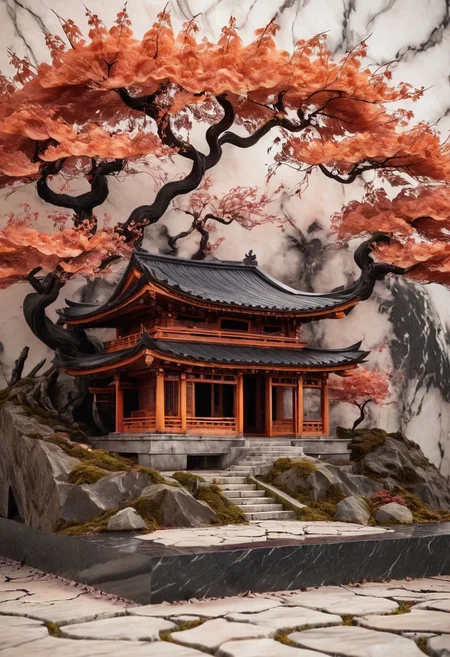 An asian House made of fire and marble, asian sakura landscape in the background, SimpleNegativeV3,zavy-chnsdrgn, masterpiece, award winning, very detailed, porcellana style