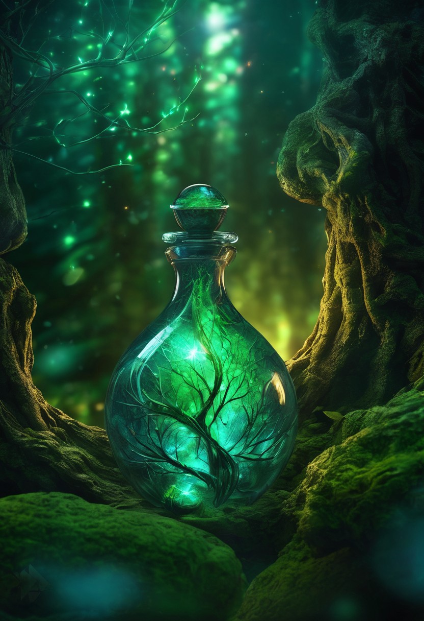 Score_9, Score_8, high_def, highest quality, 4k, best quality, masterpiece, focused, defined, Photorealistic magic potion, intricate glass bottle, elixir, vibrant forest green and teal colors, ethereal light, flashy lights, magic lights, luminous, dynamic reflections, magical aura, highly detailed, fantasy essence, glowing particles, radiant aura