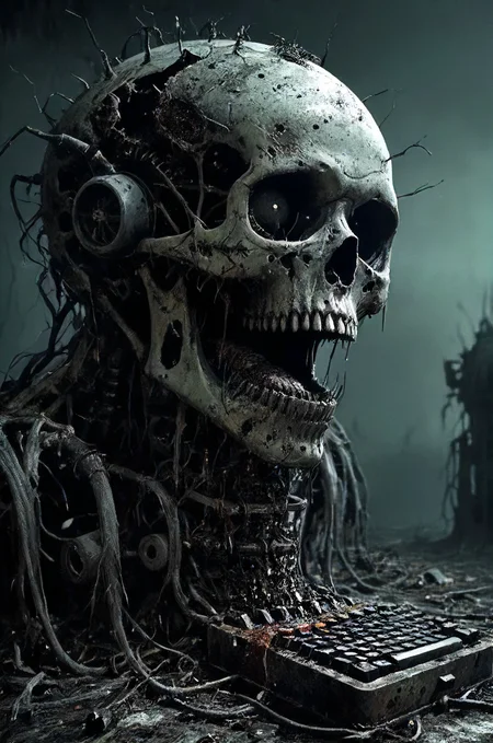 a dying machine, corroding core, build to serve to calculate, eerie, atmospheric, dark, <lora:Futuristic_Retro_Vibes:0.2> <lora:Neon_Cyberpunk_Impressionism_SDXL:0.2> <lora:EnvyNIghtmareXL01:0.6>