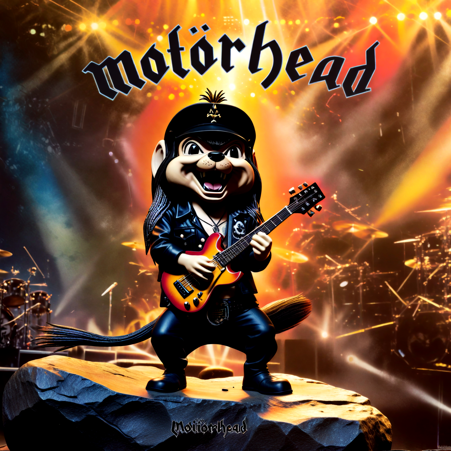 Animation Disney chipmunk (chip) as lemmy from motörhead, playing guitar on a rock concert, motörhead_cover, record cover, ,,, Creating art with Animation, often for moving images, storytelling, or dynamic visuals.