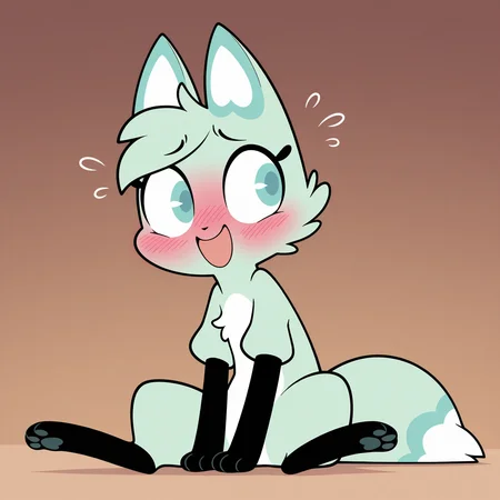<lora:Slushi-Illustrious:0.8> slushi, female, solo, sitting, side mouth, open mouth, smile, blushing, looking away, nervous smile, masterpiece, best quality, amazing quality