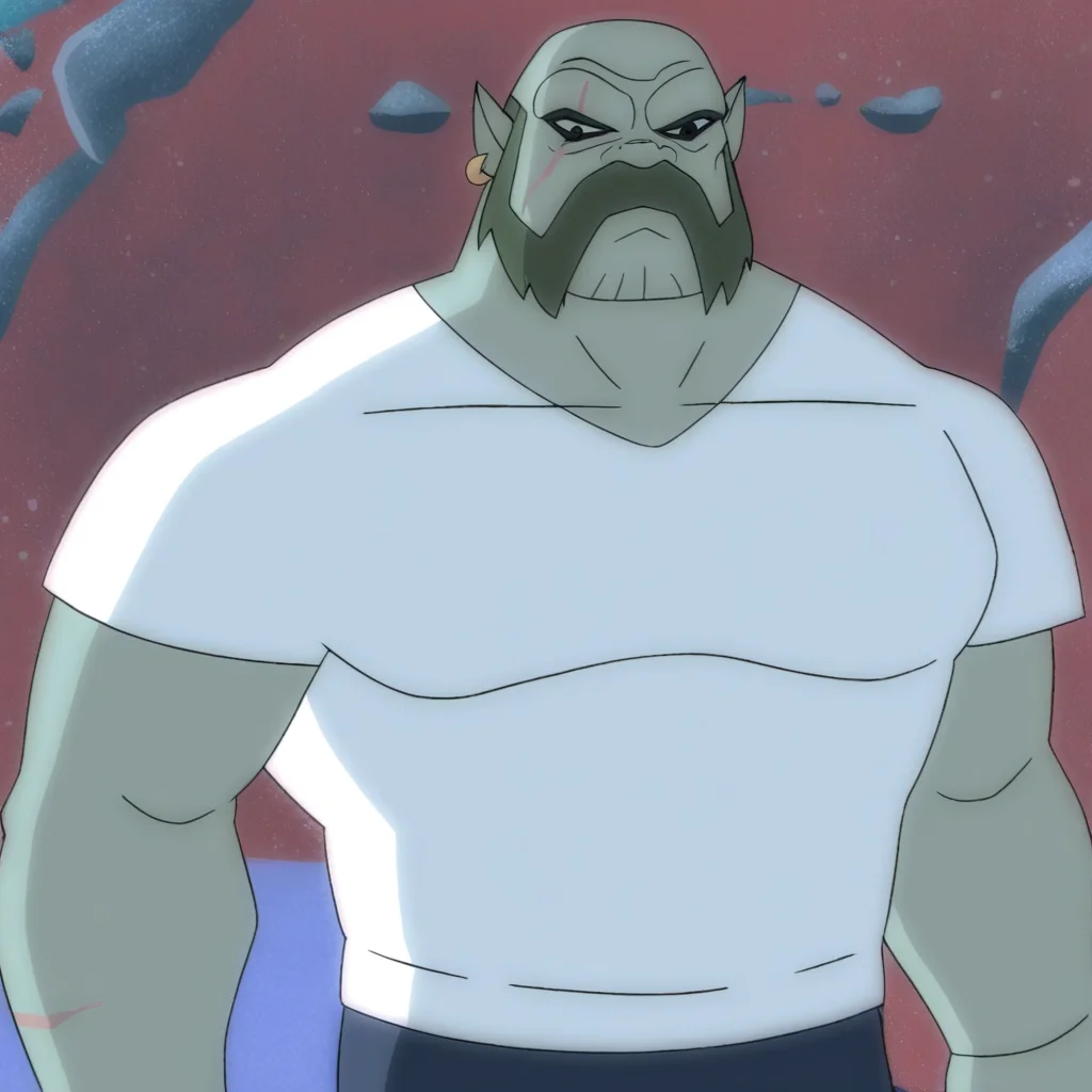 kwarrel, male, facial hair, pointy ears, earring on right ear, colored skin, bald, white shirt, black eyes, scar across eye, pants, muscular, large physique, standing, frown,
