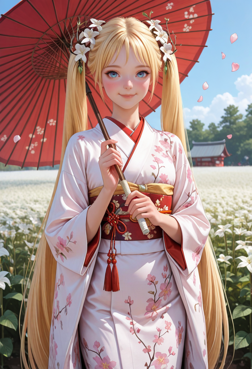 masterpiece, very aesthetic, best quality, absurdres, newest, solo,
<lora:ILLANia:1.0>
LANia, 1girl, blue eyes, blonde hair, twin tails, long hair, looking at viewer, hair flower, white kimono, japanese clothes, oil-paper umbrella, hair ornament, smile, outdoors, falling petals, white flower, sash, holding umbrella, floral print, obi,wide sleeves, closed mouth, long sleeves, day, cowboy shot, print kimono, blush, flower field, standing, sky, red umbrella