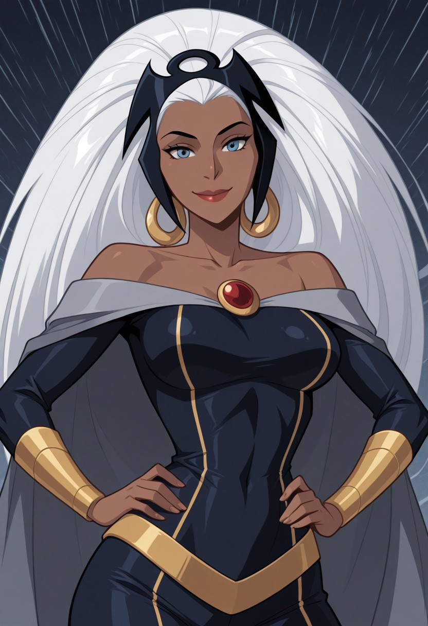 White background, simple background, solid color background, 2d, medium breasts, narrow waist, wide hips,
 1girl, solo, Marvel, Storm, Ororo Munroe, dark-skinned female, dark skin, ebony, ebony female, white hair, long hair, big hair, black tiara, headgear, blue eyes, hoop earrings, gold earrings, lipstick, collarbone, off shoulders, bare shoulders, pendent, grey cape, dark blue bodysuit, yellow trim, yellow belt, gold bracers, bare hands, 
Upper body, close up, looking at viewer, hands on hips, smile, close mouth