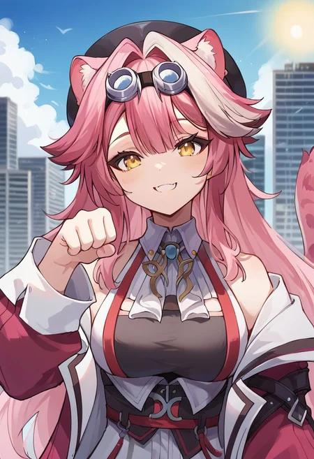 score_9, score_8_up, score_7_up, source_anime, 1girl, outdoors, city, day, sun,
BREAK ,
animal ears, tail, yellow eyes, streaked hair, multicolored hair, goggles, hat, smile, raora_main, open jacket, off shoulder, thigh straps, thighhighs, upper body, smile, paw pose, close up,