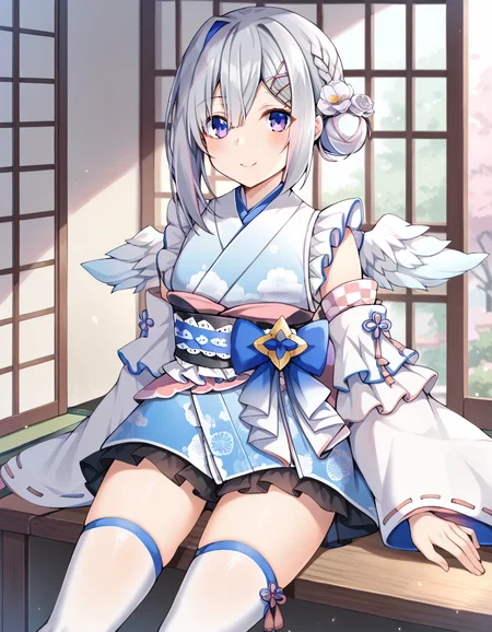 score_9, score_8_up, score_7_up, score_6_up, score_5_up, score_4_up, source_anime, anime screencap,  BREAK 1girl, solo, indoors,
<lora:Amane_Kanata_Pony:1> amane_kanata, kanata_newyears, short hair, hair bun, hairclip, hair flower, frilled kimono, detached sleeves, bow, obi, white thighhighs,
