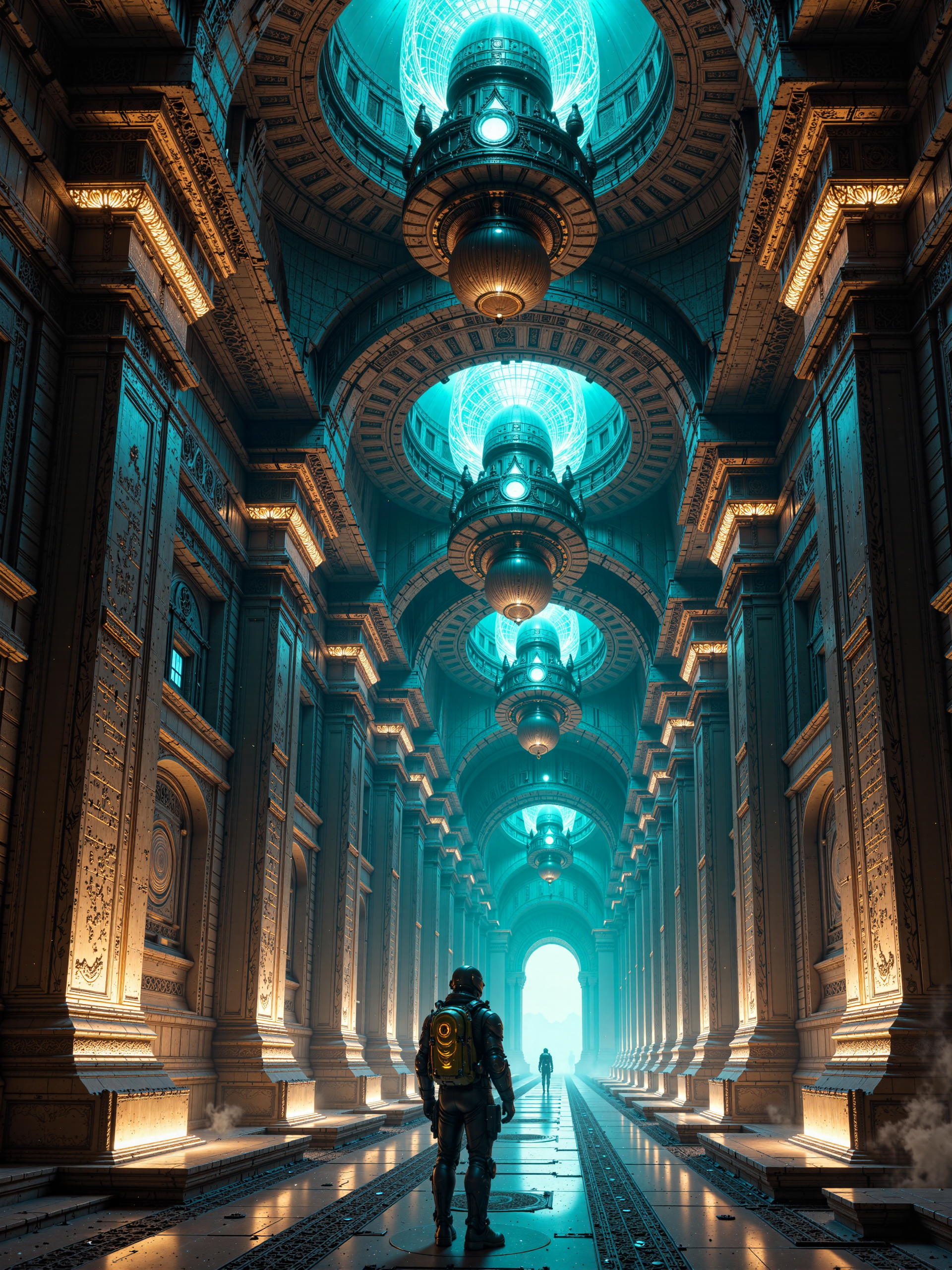 famous artwork, dramatic and epic landscape at night, hyper-realistic, highly aesthetic, ultra-high-resolution, 8k, 4k, dim lighting, symmetrical composition, dark science fantasy with cosmic horror elements, within the heart of an immense, extraterrestrial megastructure lies an ancient repository of knowledge, its imposing ornate black walls decorated in wondrous reliefs and lined with perfectly ordered glowing data cubes, each one a construct of wondrous alien alloy and glowing crystal, several larger cubes are floating in perfect formation in the center. the architecture of the archive is otherworldly, a seamless fusion of geometry and organic curves, with luminescent veins weaving through the walls and floor, casting a soft, mystical glow. the background reveals ornate entrances to corridors, the air is thick with floating dust particles that shimmer in the archiveâs ambient glow, a lone explorer, clad in futuristic astronaut gear, stands dwarfed by the monumental scale of the repository. the lighting is atmospheric and surreal, dominated by the soft glow of the data cubes and the ambient glowing data veins, the perspective is emphasizing the vast scale of the archive. captured with a high-end, large-format cinematic camera, the depth of field is masterfully controlled, with the nearest inscriptions and explorer in razor-sharp focus while the distant, ever-shifting corridors blur into mystery, contrasting warm and cold tones add to the enigmatic environment, the scene is framed to enhance the sense of depth and infinity, with receding corridors and floating data structures leading the eye into the unknown, ovg, artilands02, <lora:style-fantastic_landscapes-v2-flux-by_artifyai:0.48>