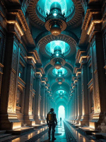 famous artwork, dramatic and epic landscape at night, hyper-realistic, highly aesthetic, ultra-high-resolution, 8k, 4k, dim lighting, symmetrical composition, dark science fantasy with cosmic horror elements, within the heart of an immense, extraterrestrial megastructure lies an ancient repository of knowledge, its imposing ornate black walls decorated in wondrous reliefs and lined with perfectly ordered glowing data cubes, each one a construct of wondrous alien alloy and glowing crystal, several larger cubes are floating in perfect formation in the center. the architecture of the archive is otherworldly, a seamless fusion of geometry and organic curves, with luminescent veins weaving through the walls and floor, casting a soft, mystical glow. the background reveals ornate entrances to corridors, the air is thick with floating dust particles that shimmer in the archiveâs ambient glow, a lone explorer, clad in futuristic astronaut gear, stands dwarfed by the monumental scale of the repository. the lighting is atmospheric and surreal, dominated by the soft glow of the data cubes and the ambient glowing data veins, the perspective is emphasizing the vast scale of the archive. captured with a high-end, large-format cinematic camera, the depth of field is masterfully controlled, with the nearest inscriptions and explorer in razor-sharp focus while the distant, ever-shifting corridors blur into mystery, contrasting warm and cold tones add to the enigmatic environment, the scene is framed to enhance the sense of depth and infinity, with receding corridors and floating data structures leading the eye into the unknown, ovg, artilands02, <lora:style-fantastic_landscapes-v2-flux-by_artifyai:0.48>