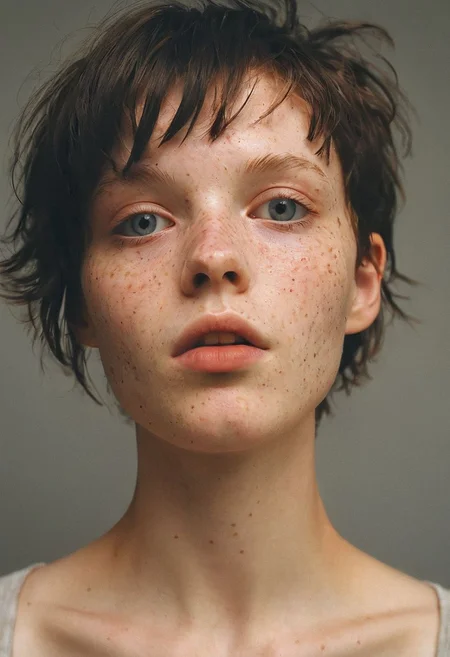 A photo Luce Doe, a 25 year old woman.  Short boyish hair, black hair. Posing in the studio. Soft studio lighting. 
Detailed, emotional face.
(detailed skin, pores, sweat, rosacea, blemishes, acne, freckles, imperfections, tan (moles-)), detailed eyes,
 style of Caravaggio.
Hasselblad, Kodak Ektar 100