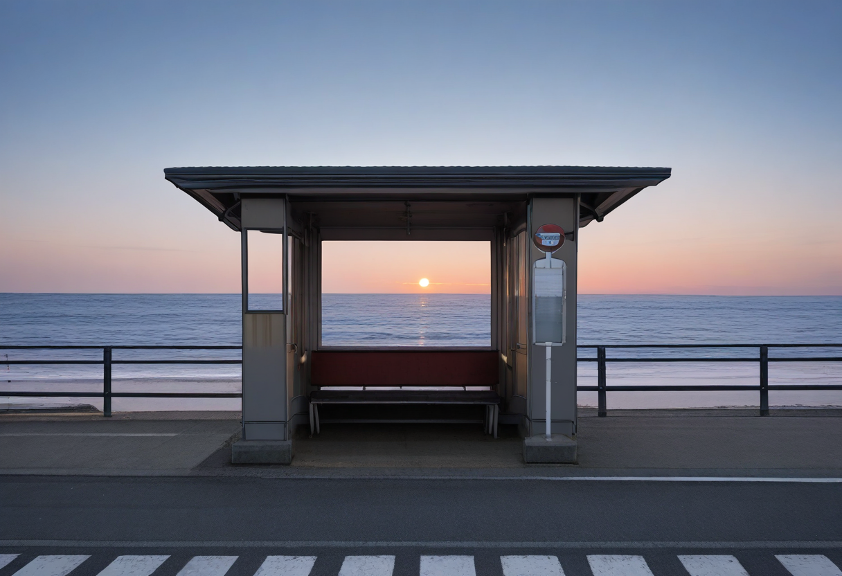 basutei, bus stop, no humans, scenery, ocean, road, outdoors, bench, street, sky, real world location, horizon, water, railing, building, sign, fence, day, shore, stairs, crosswalk, beach, sunset, sunlight, cinematic lighting, 
photorealistic, photo background, 
masterpiece, best quality, amazing quality, very aesthetic, absurdres, newest,
 <lora:sc_bustei_illustrious_V1L:0.8>