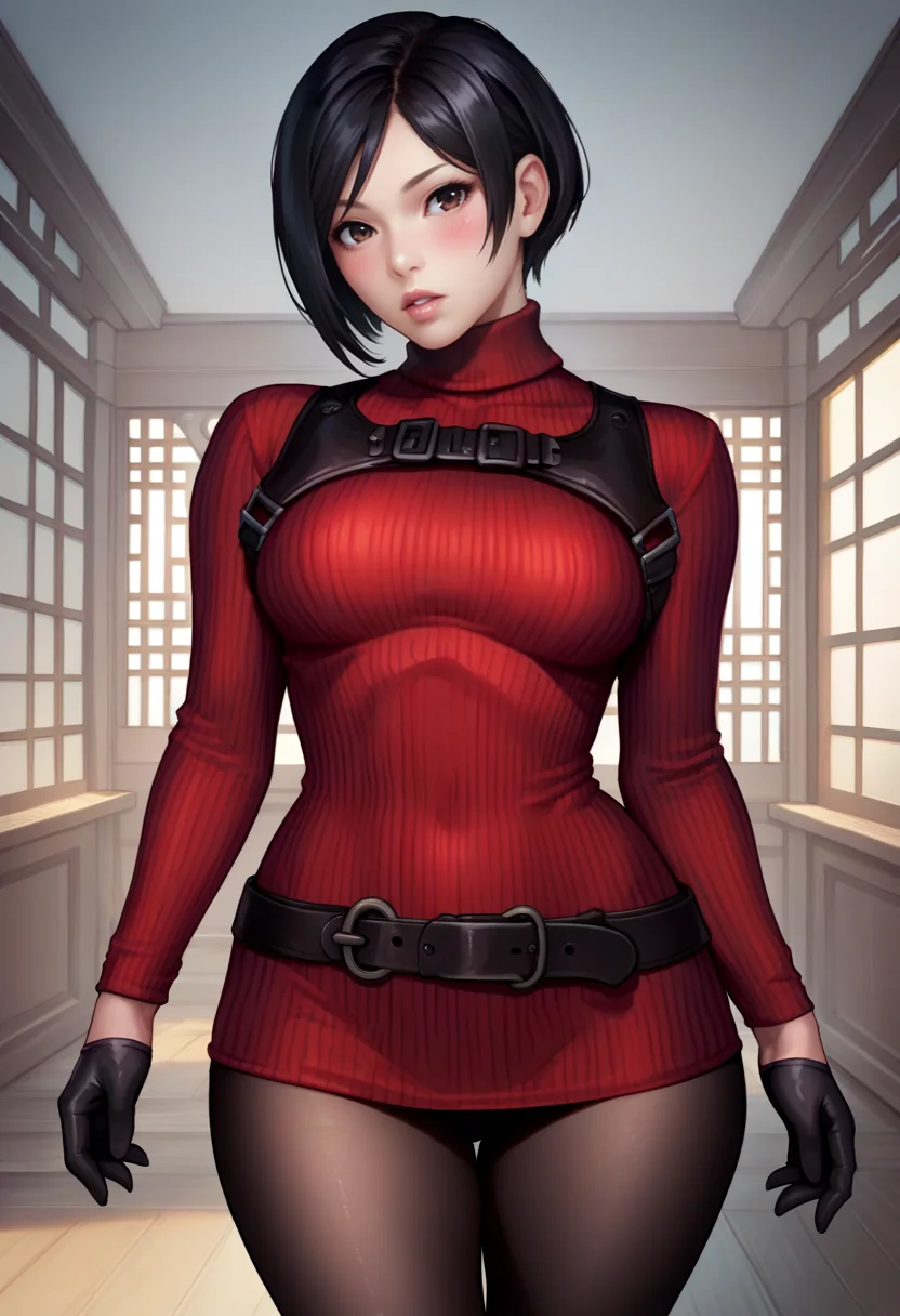 score_9, score_8_up, score_7_up, source_anime, realistic BREAK 1girl, solo, <lora:adawong-re-richy-v1_pdxl:1> adasweater, black hair, short hair, black eyes, red sweater, turtleneck, harness, pantyhose, black gloves, belt, parted lips, looking at viewer, lips, east asian architecture, chinese, china, indoors, ribbed sweater, wide hips, blush, contrapposto