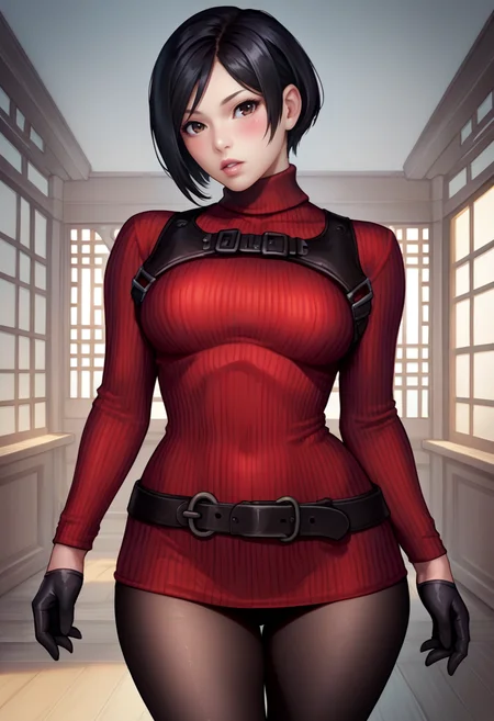 score_9, score_8_up, score_7_up, source_anime, realistic  BREAK 1girl, solo, <lora:adawong-re-richy-v1_pdxl:1> adasweater, black hair, short hair, black eyes, red sweater, turtleneck, harness, pantyhose, black gloves, belt, parted lips, looking at viewer, lips, east asian architecture, chinese, china, indoors, ribbed sweater, wide hips, blush, contrapposto