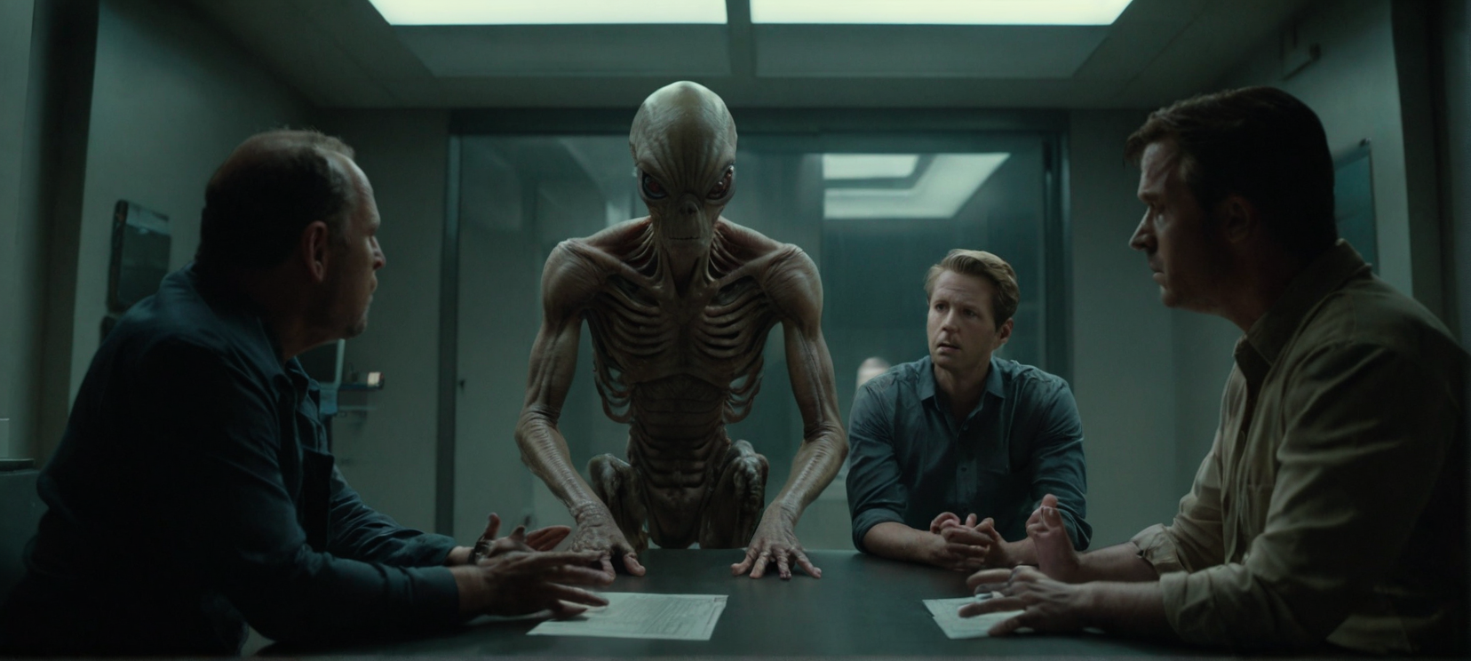 A cinematic film still of a 

syberart Create a tense and dramatic screenshot of a group of people being interrogated by an alien species, set in the year 2980. Use advanced lighting techniques to capture the mood and atmosphere of the scene, and incorporate elements of the interrogation room, such as harsh lighting and sterile surroundings, to add tension and fear. Utilize a 35mm camera and anamorphic lens to give the image a classic and cinematic feel, and use post-processing software like Lightroom to sharpen and enhance the details of the image. Use a professional camera brand like ARRI, Canon, Fuji, or Kodak to ensure impeccable image quality and realism.

