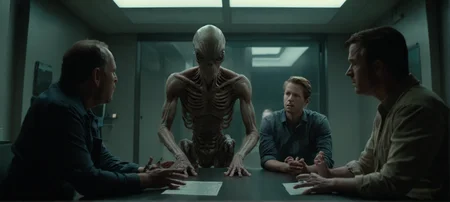 A cinematic film still of a
syberart Create a tense and dramatic screenshot of a group of people being interrogated by an alien species, set in the year 2980. Use advanced lighting techniques to capture the mood and atmosphere of the scene, and incorporate elements of the interrogation room, such as harsh lighting and sterile surroundings, to add tension and fear. Utilize a 35mm camera and anamorphic lens to give the image a classic and cinematic feel, and use post-processing software like Lightroom to sharpen and enhance the details of the image. Use a professional camera brand like ARRI, Canon, Fuji, or Kodak to ensure impeccable image quality and realism.