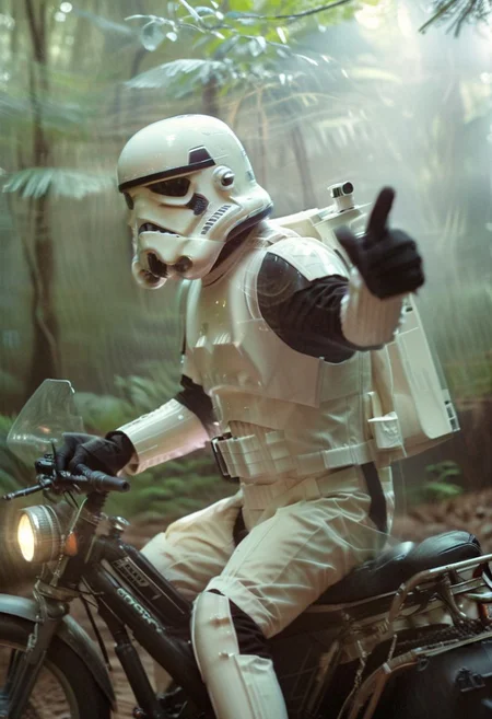 big lebowsky film style photography, Closeup, thumb-up, Vintage Photo, stormtrooper sitting on speederbike on endor, front view, veil of motion, cockpit speed view, high-speed chase, thumb up pose, 
very detailed, hd, RAW photograph, masterpiece, top quality, best quality, official art,highest detailed, atmospheric lighting, cinematic composition, high quality , (8k, RAW photo, highest quality),