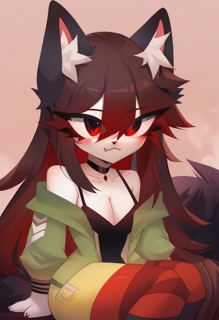 Dexechiistyle, score_9, score_8_up, score_7_up, score_6_up, score_5_up, (best quality:1.2), ultra high res, high quality, 4k, cute, (masterpiece), crydiaa-oc, red eyes, animal ears, wolf tail, tail, wolf ears, animal ear fluff, bangs, very long hair, red hair, brown hair, hair between eyes, eyes visible through hair, fang, jacket, yellow pants, striped thighhighs, choker, black thighhighs, cleavage, striped, thighhighs, collarbone, black choker, red thighhighs