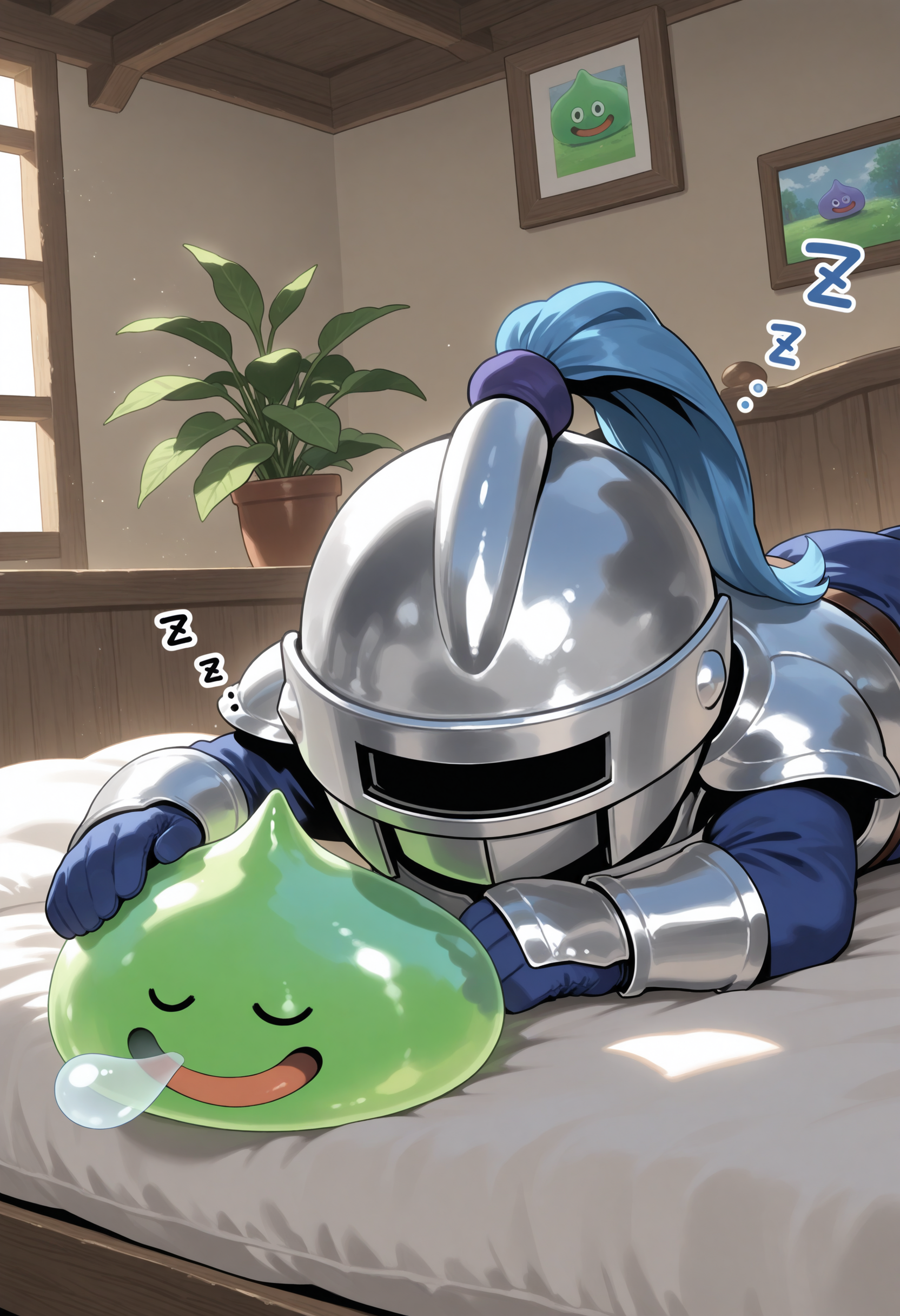 masterpiece,best quality,indoor,living room,bed BREAK slime knight,slime_(dragon_quest),armor,helmet,knight,green skin,<lora:slime knight-NAIvPred:0.9>,on stomach,closed eyes,nose bubble,sleeping,zzz,
