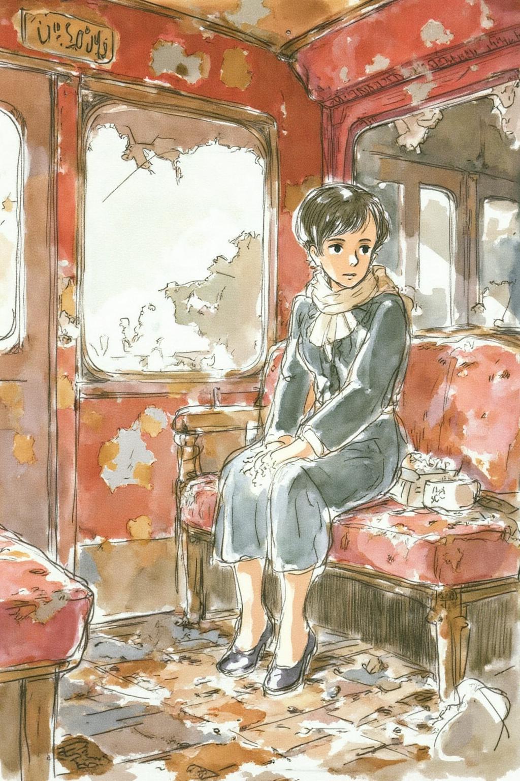hayaomiyazaki2 illustration.
a girl sitting in a dilapidated train car. The train's red interior is faded and worn, with patches of rust staining the walls and ceiling. Garbage, broken bottles, and scraps of paper litter the floor, adding to the sense of decay. The girl sits on a torn, upholstered bench, her posture thoughtful and melancholic, with light streaming through a cracked window to illuminate her figure. Her attire blends vintage elegance with subtle modern touches, featuring a tailored coat and a scarf that catches the soft rays of light. Leyendecker's signature use of bold, confident brushstrokes and interplay of light and shadow bring depth to the scene, emphasizing the textures of the rust, the glossy shards of glass, and the folds of the girl's clothing. The mood is one of poignant beauty, juxtaposing the ruinous surroundings with the girl's quiet grace.  <lora:hayaomiyazaki2_cap_d8a4:1.0><lora:861018546212176712:0>