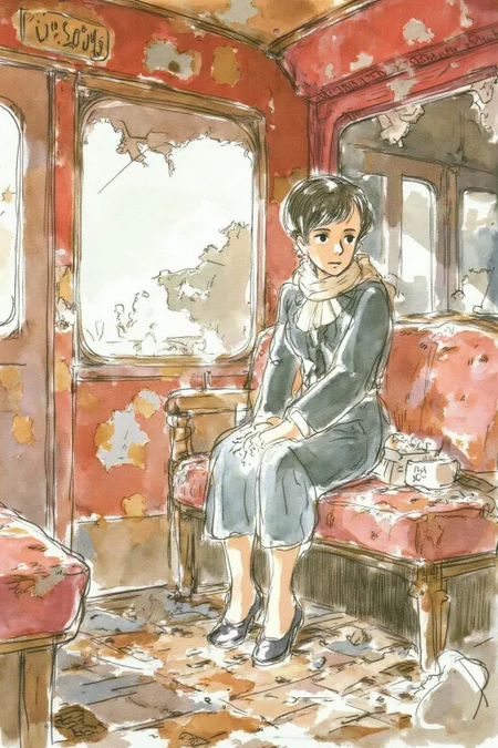 hayaomiyazaki2 illustration.
a girl sitting in a dilapidated train car. The train's red interior is faded and worn, with patches of rust staining the walls and ceiling. Garbage, broken bottles, and scraps of paper litter the floor, adding to the sense of decay. The girl sits on a torn, upholstered bench, her posture thoughtful and melancholic, with light streaming through a cracked window to illuminate her figure. Her attire blends vintage elegance with subtle modern touches, featuring a tailored coat and a scarf that catches the soft rays of light. Leyendecker's signature use of bold, confident brushstrokes and interplay of light and shadow bring depth to the scene, emphasizing the textures of the rust, the glossy shards of glass, and the folds of the girl's clothing. The mood is one of poignant beauty, juxtaposing the ruinous surroundings with the girl's quiet grace. <lora:hayaomiyazaki2_cap_d8a4:1.0><lora:861018546212176712:0>