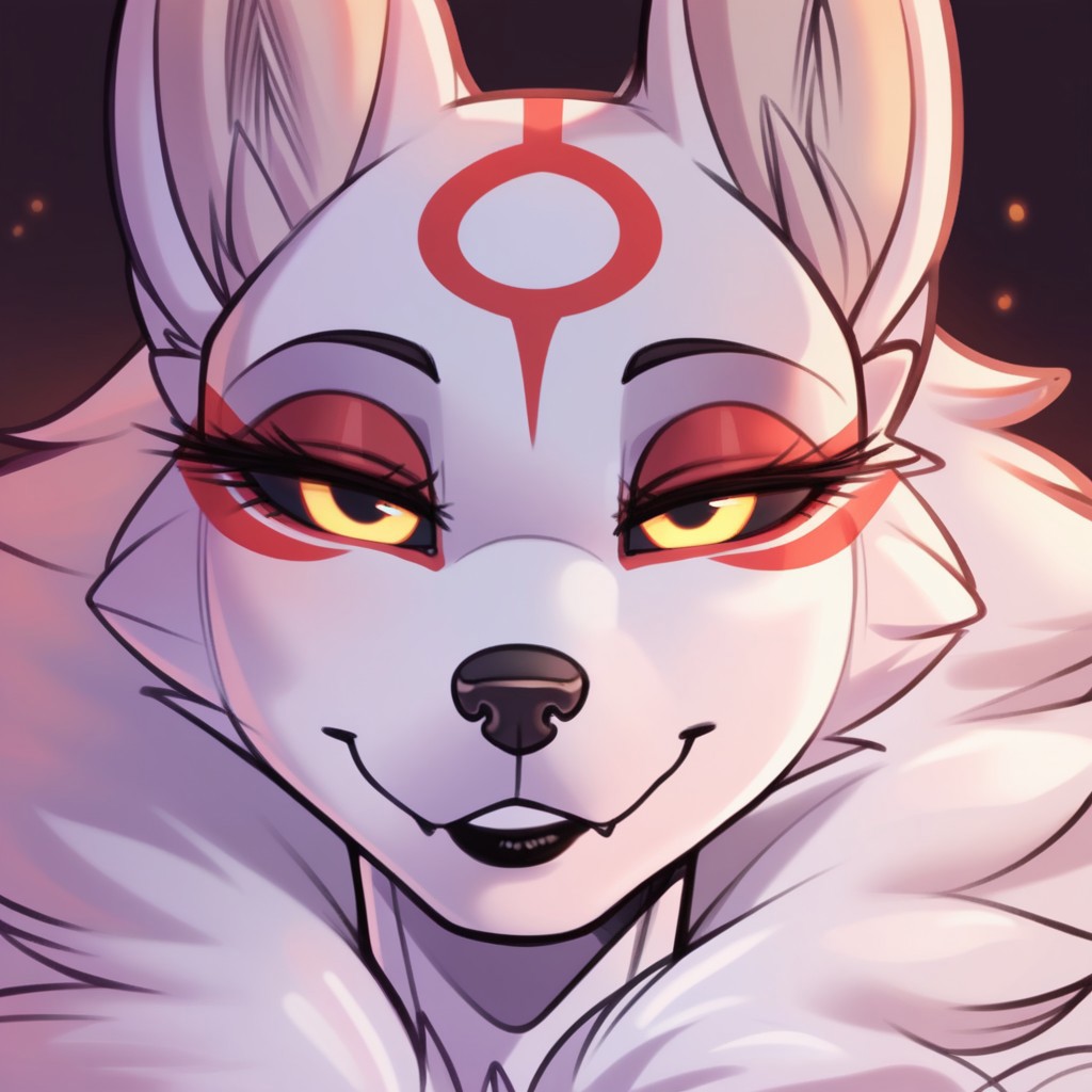 score_9, score_8_up, score_7_up, masterpiece, best quality, highly detailed, realistic, (zPDXL3), 1girl, solo, (AmaterasuDWD, furry, anthro, female wolf, white body, white fur, red markings, black nose, black lipstick, black sclera, yellow eyes), narrowed eyes, smile ((black background, simple background, close-up, face only, closed mouth, teeth, looking at viewer)), (cervina7)