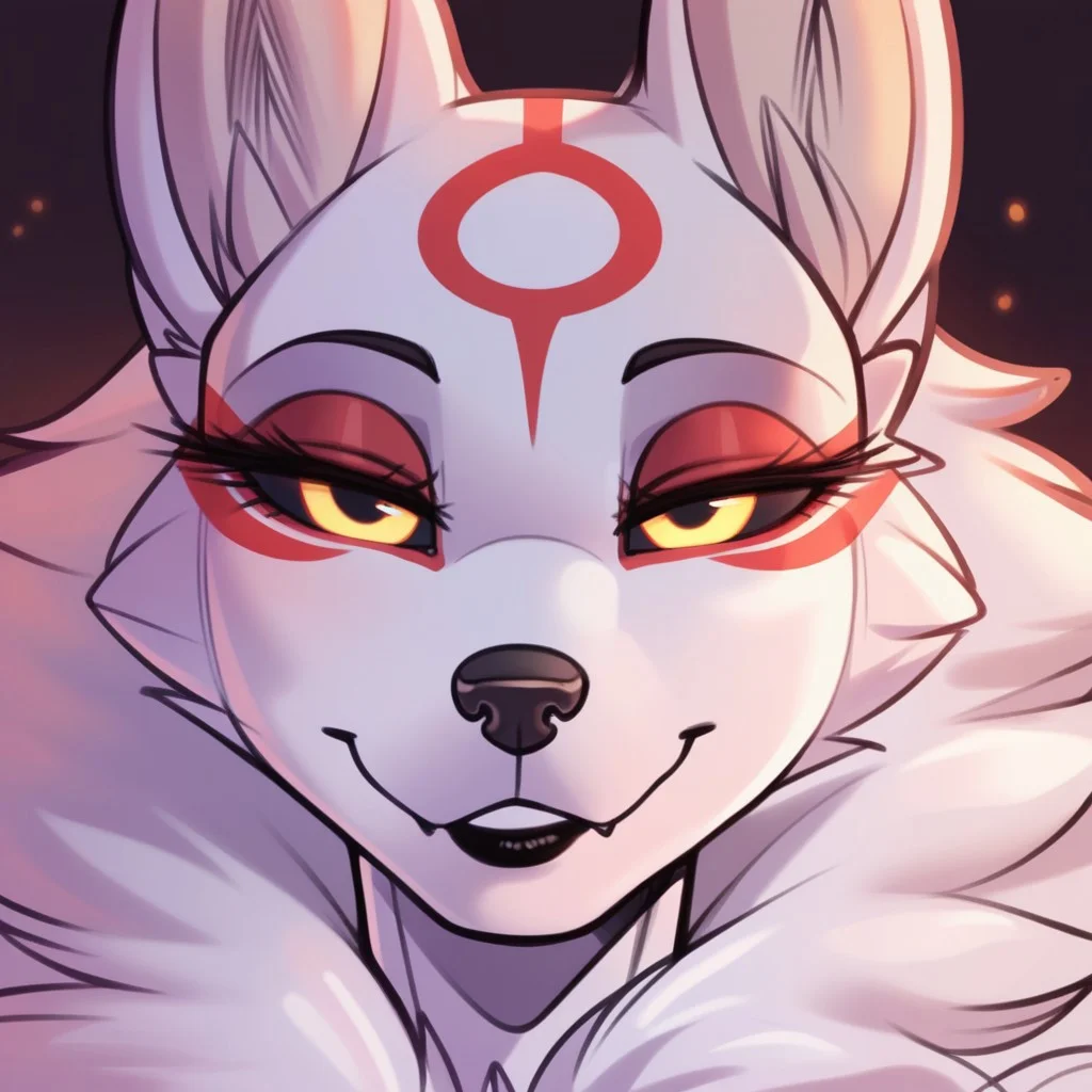 score_9, score_8_up, score_7_up, masterpiece, best quality, highly detailed, realistic, (zPDXL3), 1girl, solo, (AmaterasuDWD, furry, anthro, female wolf, white body, white fur, red markings, black nose, black lipstick, black sclera, yellow eyes), narrowed eyes, smile ((black background, simple background, close-up, face only, closed mouth, teeth, looking at viewer)), (cervina7)