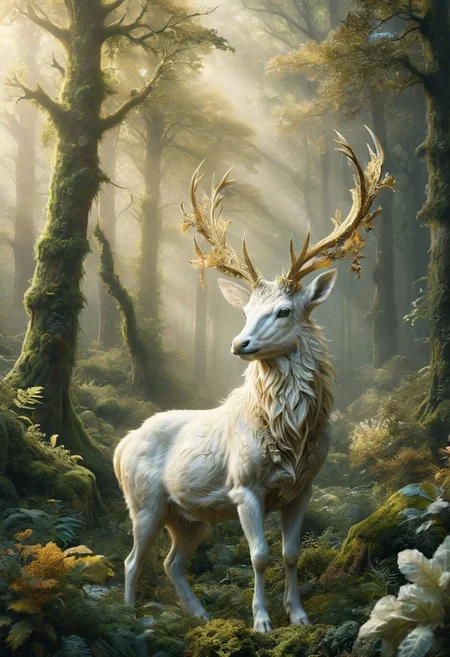 hyper realistic, a majestic white stag with golden antlers standing in a sunlit clearing, surrounded by ethereal forest spirits, glowing flora, magical atmosphere