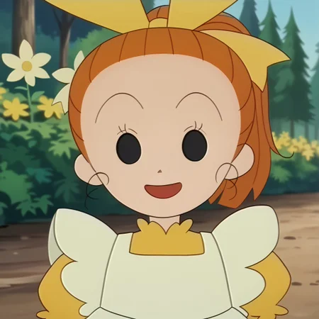 score_9, score_8_up, score_7_up BREAK AliceFF, 1girl, orange hair, black eyes, ponytail, yellow bow, yellow puff sleeve dress, white body apron, female, female focus, solo, solo focus, face view, face closeup, screenshot, official art, parody, anime footage, official design, screencap, anime screenshot, official screenshot, 2d, anime, source_anime, happy, smiling, flower garden outdoors, flowers forest background,