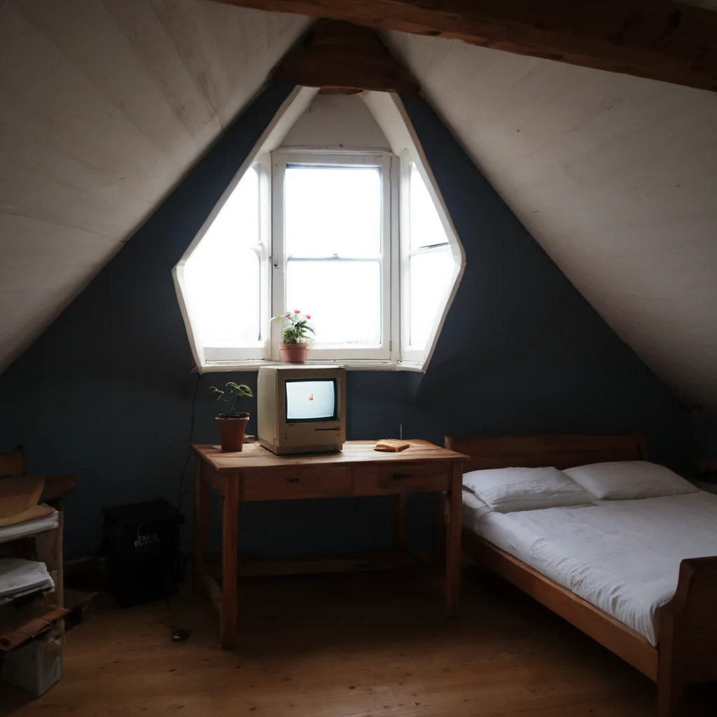 masterpiece, best quality, very aesthetic, absurdres
attic,white wall,bed,desk,bookshelf,no humans,kozy, potted plant, flower, window, sunset sky, sunlight, drop shadow, desk on old mac,<lora:Old_Macintosh_Computer:0.7> 
<lora:Attic:0.7>