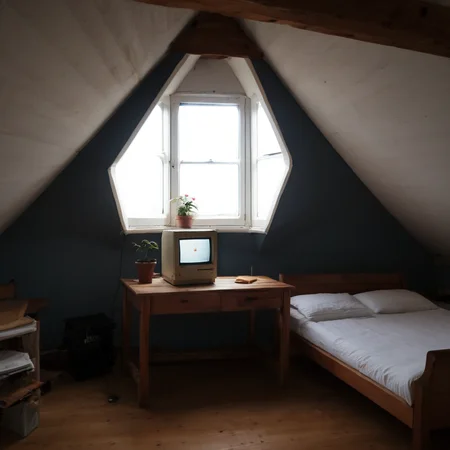 masterpiece, best quality, very aesthetic, absurdres
attic,white wall,bed,desk,bookshelf,no humans,kozy, potted plant, flower, window, sunset sky, sunlight, drop shadow, desk on old mac,<lora:Old_Macintosh_Computer:0.7> 
<lora:Attic:0.7>