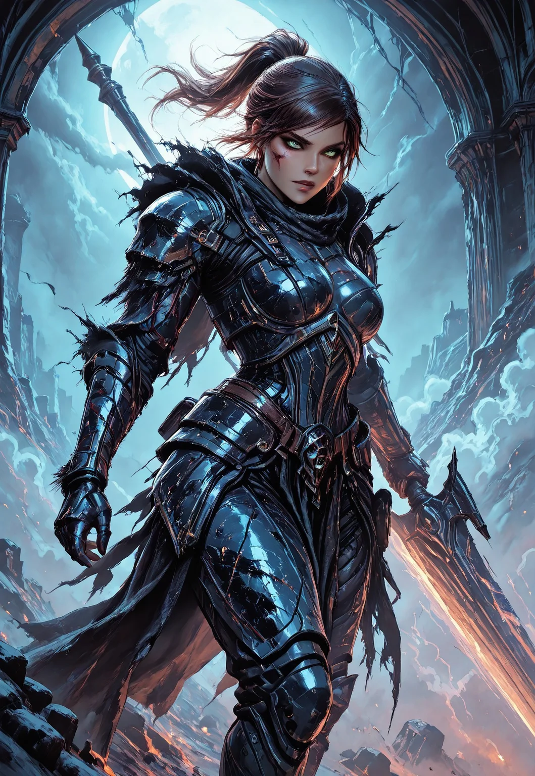 (masterpiece), (best quality), (8k),
StrenuaRyder, 1girl, Brown Hairs, Green Eyes,, beautiful, breasts, battle scarred, damaged armor, fishnets under armor, plated armour, holding lance, battle stance, dynamic angle, ancient fantasy city, battle-ready stance, dynamic pose, at night, moonlight, riding a nimbus cloud, nimbus, wukong theme, directional lighting, viewed from above,