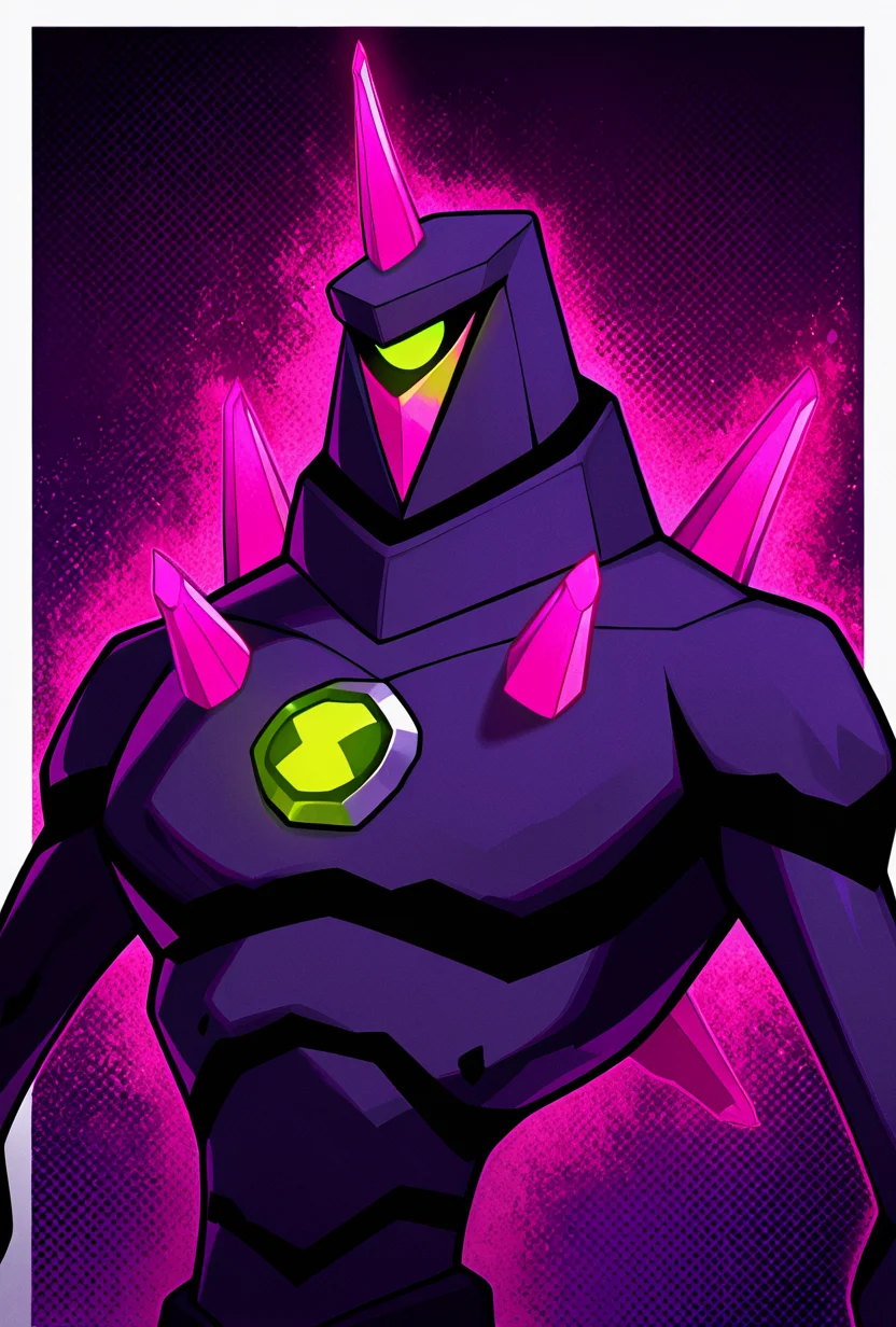 <lora:chromastone-10:1> chromastone, no humans, solo, single pink horn, one-eyed, green eye, pink spikes, glowing, dark armor, , pink hands, dark purple background,, masterpiece, best quality, amazing quality, very aesthetic, absurdres, newest,, upper body, halftone effect, white borders, abstract background:1.2,