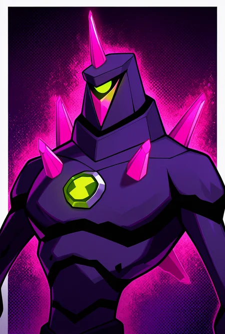<lora:chromastone-10:1> chromastone, no humans, solo, single pink horn, one-eyed, green eye, pink spikes, glowing, dark armor, , pink hands, dark purple background,, masterpiece, best quality, amazing quality, very aesthetic, absurdres, newest,, upper body, halftone effect, white borders, abstract background:1.2,