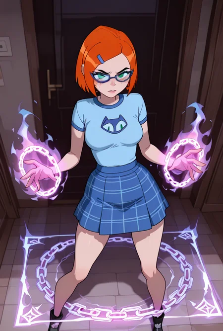 <lora:gwennerd-10:1> gwennerd, 1girl, solo, medium breasts, glasses, orange hair, short hair, hairclip, blue-framed eyewear, blue shirt, short sleeves, freckles, blue skirt, plaid skirt, green eyes,  <lora:hold_person-_magic_:1> Hold_person, aura form body , square magic, chain, magic chain, masterpiece, best quality, amazing quality, very aesthetic, absurdres, newest,