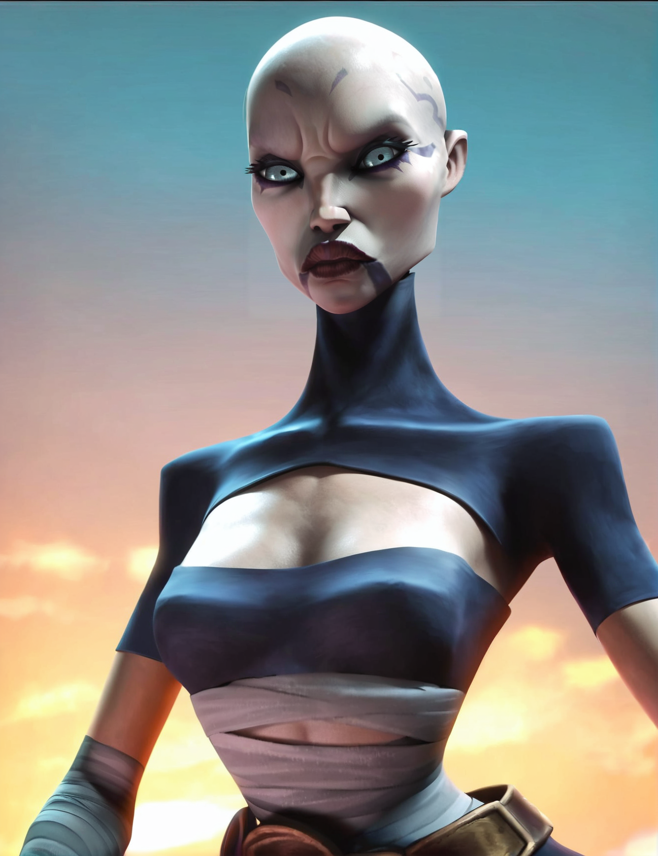 score_9, score_8_up, score_7_up,score_9, score_8_up, score_7_up, source_cartoon,<lora:asajj:0.65>,asa11, 1girl, grey skinned woman, dark red lips, tattoos on face, grey eyes, makeup, black dress with high collar, open cheast, waist bandages, arm bandages, belt, long skirt,bald