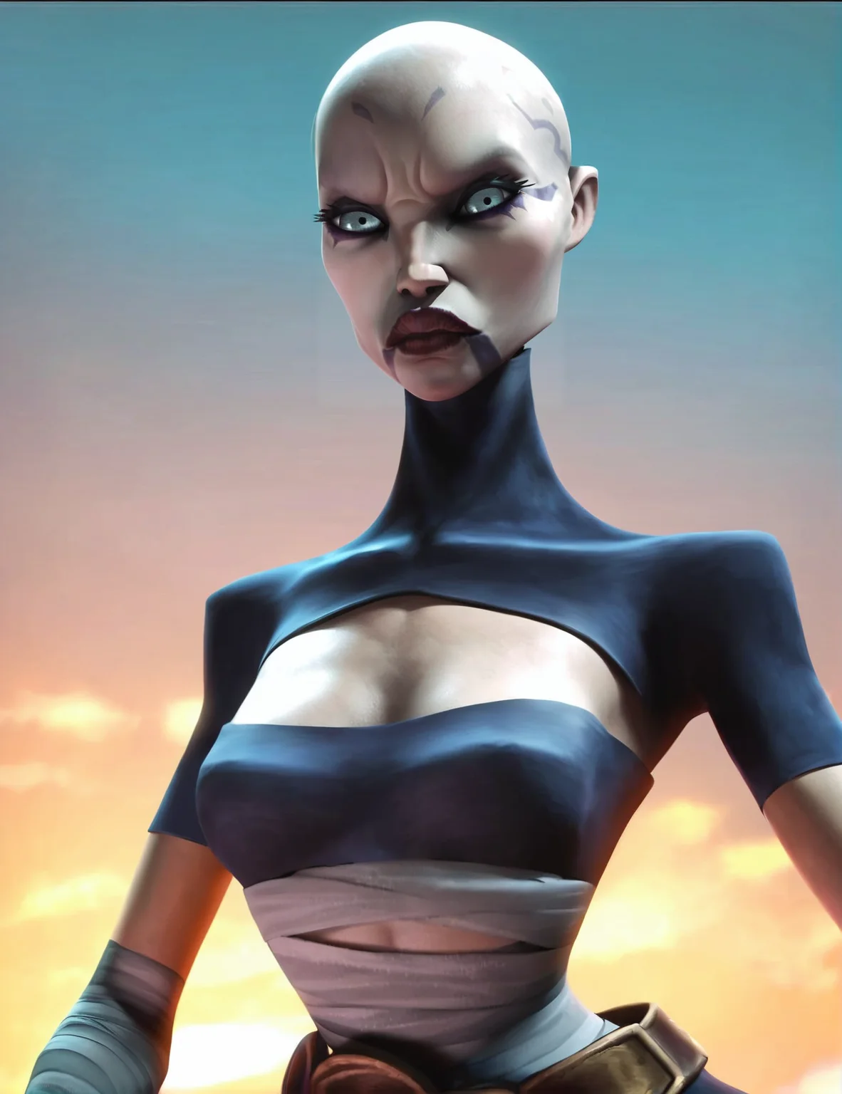 score_9, score_8_up, score_7_up,score_9, score_8_up, score_7_up, source_cartoon,<lora:asajj:0.65>,asa11, 1girl, grey skinned woman, dark red lips, tattoos on face, grey eyes, makeup, black dress with high collar, open cheast, waist bandages, arm bandages, belt, long skirt,bald