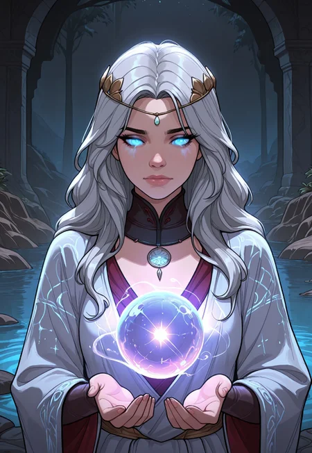 score_9, score_8_up, score_7_up, 1girl, solo, ethereal spirit, flowing translucent robes with shimmering celestial patterns, ancient lantern with a glowing orb and intricate engravings, long wavy silver hair adorned with moonstone pendants, realistic, cinematic angle, cinematic lighting, graceful body, serene face, glowing violet eyes, levitating pose
BREAK
floating above a tranquil moonlit lake
BREAK
source_fantasy_art, rating_explicit, expressive, full body, elegant pose
BREAK
detailed beautiful background, serene moonlit lake with calm waters and reflecting moonlight, ancient stone bridge and weeping willows, distant mountains with a soft glow, mystical atmosphere with a sense of peace and tranquility
<lora:Expressive_H:0.6>Expressiveh, (SimplepositiveXLv1:1.3), (upper body, full clothed:1.85) ((masterpiece)) (ultra realistic, 32k, masterpiece:1.2), (high detailed skin:1.1), (high quality:1.1) (((full clothed))) <lora:DandonFuga_Style_v.2_-_Pony:0.8> 
<lora:add-detail-xl:1> 
<lora:Dynamic Poses:1>