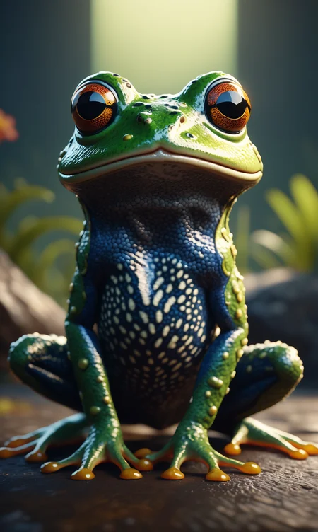 A photography of a surprising creature that's half the human and half the frog. The body is covered in fur, with an intricate patterned tail on its back standing in front of it. High-definition photo, highly detailed, dramatic lighting, 8K resolution. Unreal Engine 5, cinematic film still, beautiful composition, photorealistic, smooth, 4K render in the