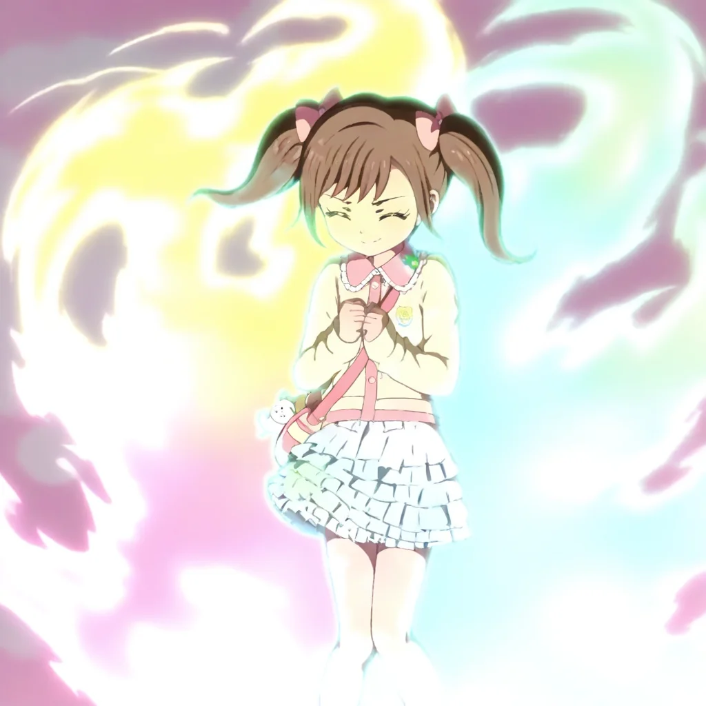 masterpiece, best quality, 1girl, closed eyes, twintails, aura multicolor, solo, skirt, yellow aura, blue aura, brown hair, smile, green aura, pink aura, bow, aura, hair bow, long sleeves, frills, short hair, parody, closed mouth, standing, long hair, bag, energy,