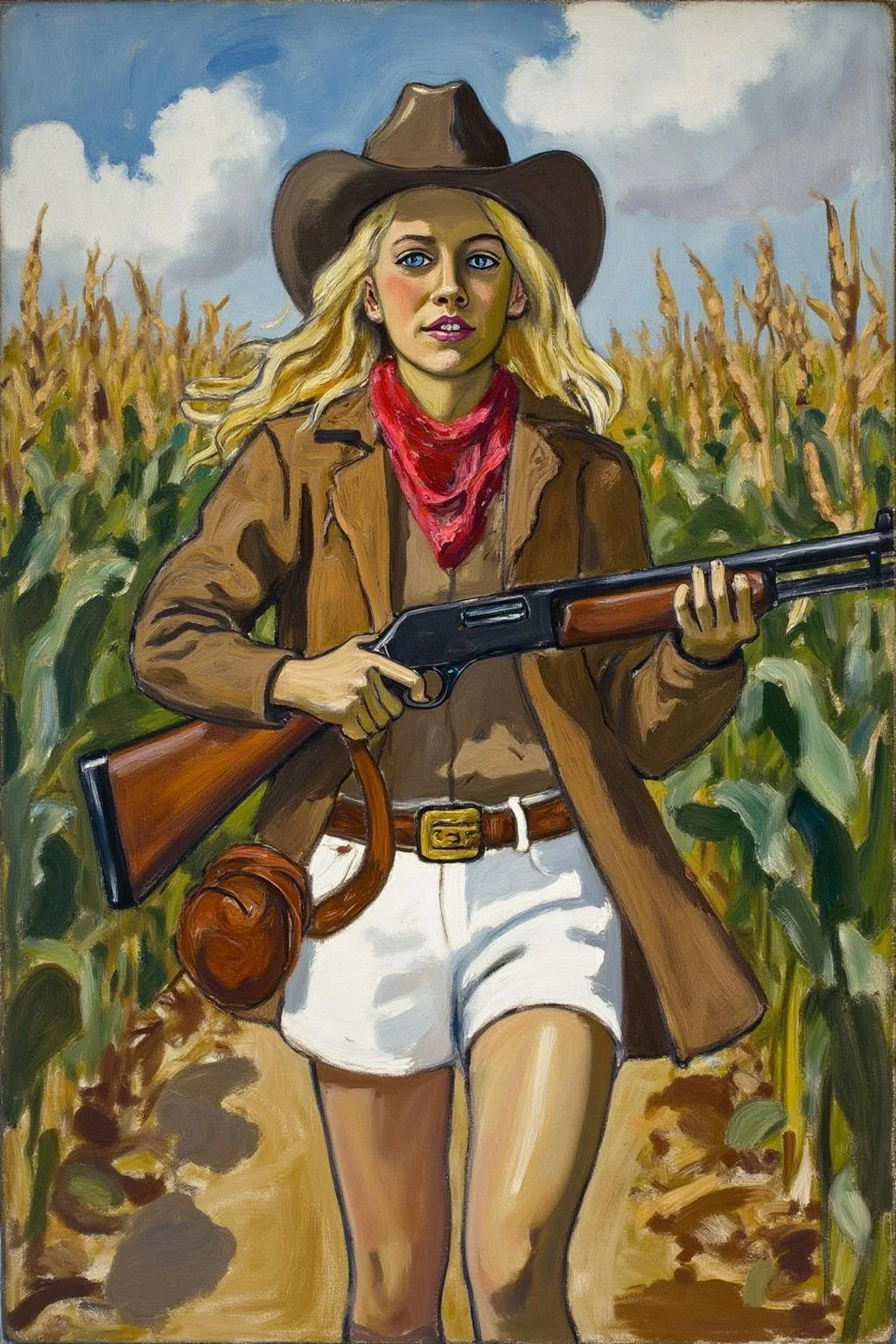 aliceneel1 painting.
A blonde cowgirl in white short shorts running in a corn field, she is wearing a cowboy hat and holding a shotgun.
<lora:aliceneel1_cap_d6a3e12:1.0><lora:842447772285151560:0>