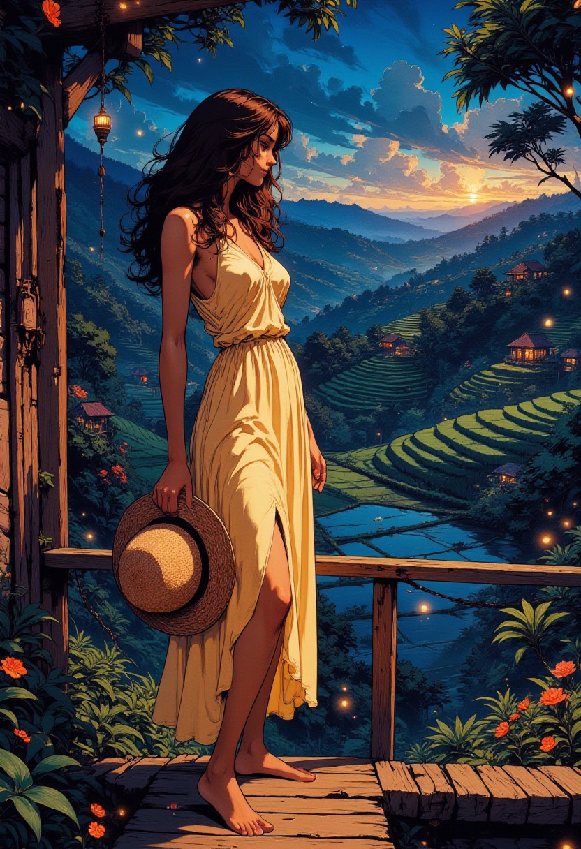 Midnight in a Balinese Rice Field
"As the clock strikes midnight, a young woman with tan skin and long wavy hair stands barefoot on a wooden walkway above the Balinese rice terraces. She wears a flowing pastel yellow dress with a high slit, allowing the cool night breeze to brush against her skin. The sky is a deep indigo, reflecting in the still waters of the paddies. Fireflies flicker like tiny stars among the tropical foliage, and a woven hat dangles from her hand as she breathes in the night air, filled with the scent of frangipani and distant incense from a nearby temple."