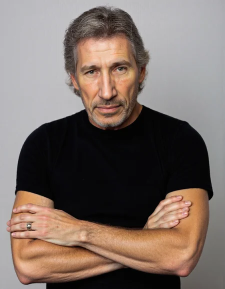 <lora:ROGER_WATERS:1>,The image is a high-resolution photograph of a middle-aged man with a relaxed and confident demeanor. He has short, wavy gray hair with a touch of dark brown, and a neatly trimmed gray beard and mustache. His skin is lightly tanned with a few visible age spots. The man is wearing a plain black t-shirt that fits snugly, accentuating his broad shoulders and muscular arms. He has his arms crossed over his chest, with his left hand resting on his right forearm, creating a casual, yet composed pose. His expression is calm and slightly smiling, with his eyes looking directly at the camera, inviting the viewer to engage with him. The background is a plain, light gray, which contrasts subtly with his dark clothing, making him the focal point of the image. The lighting is soft and even, eliminating harsh shadows and highlighting the textures of his hair and clothing. The overall mood of the photograph is warm and approachable, capturing the manâs natural, unpretentious presence.