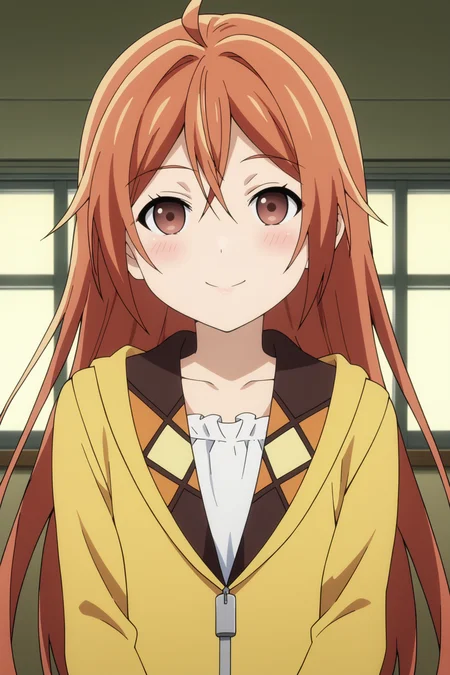 score_9, score_8_up, score_7_up, source anime, prefect lighting, very aesthetic, BREAK, anime screencap, anime coloring,
<lora:aihara_enju_v1-pony6:0.9>, 1girl, aihara enju, black bullet, orange hair, long hair, straight hair,
BREAK, looking at viewer, light smile, blush, portrait, long sleeves,
BREAK, straight hair,